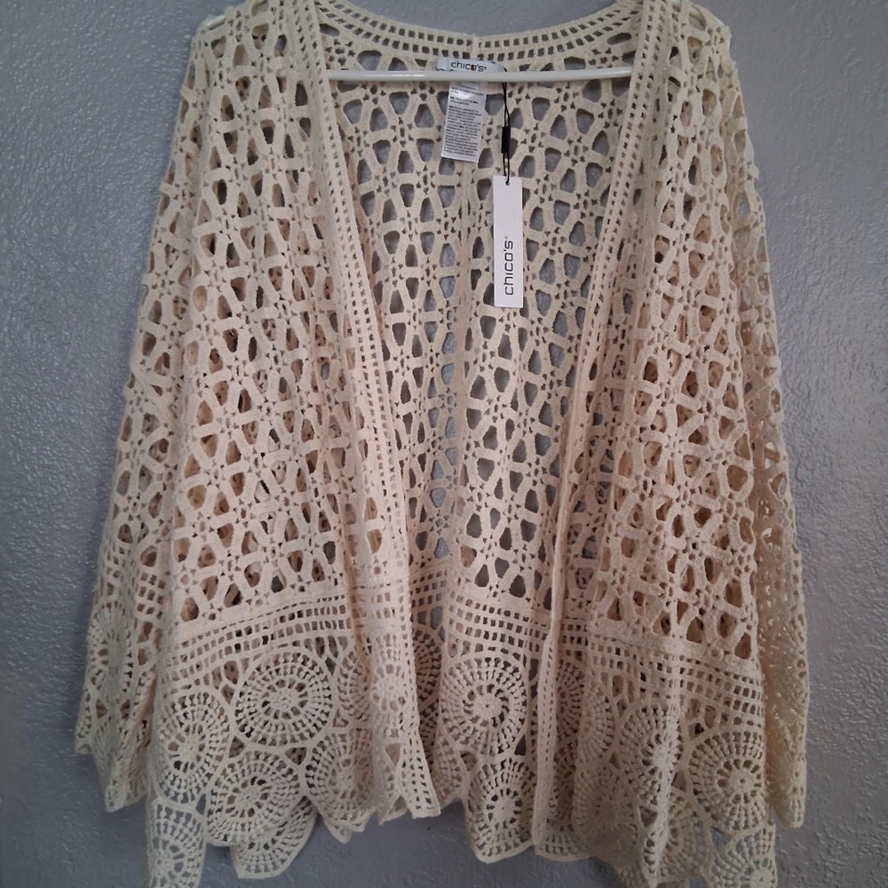 Chico's Cream Crochet Open-Front Cardigan